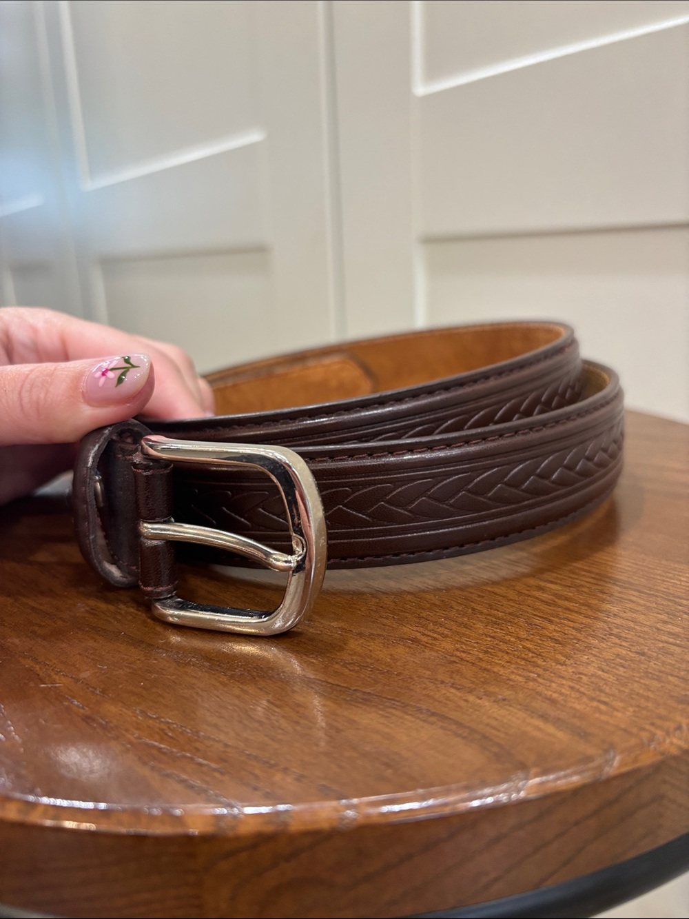 Classic Brown Leather Belt with Engraved Detail